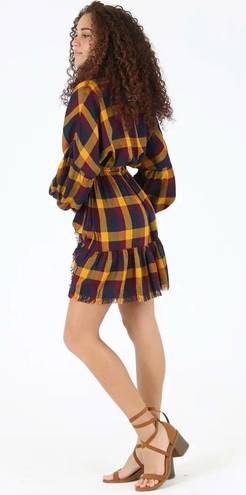 Angie NEW! Boho Preppy Plaid Mini Dress Fringe Bottom Long Sleeve