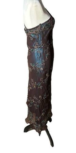 Scala Women's  Brown & Teal Blue Beaded Floral One-Shoulder Asymmetric Dress Sz L