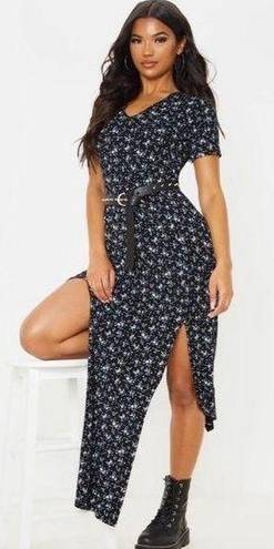 Pretty Little Thing NWT  black ditsy floral split detail maxi dress size/6