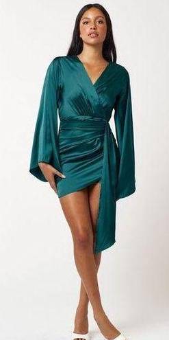 Blue Blush  Emerald Long Sleeve Satin Drape Mini Dress Sz M NEW