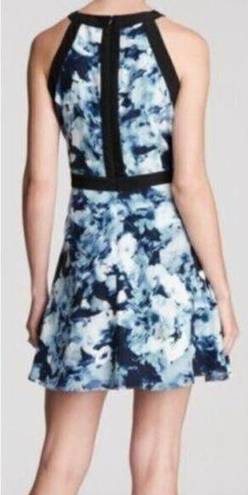 Parker  Nika Keyhole Dress Blue Floral Black Trim Sleeveless SILK Mini Fit Flare