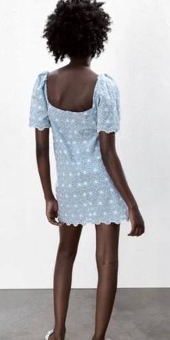 ZARA Light Blue and White Floral Eyelet Shift Mini Dress