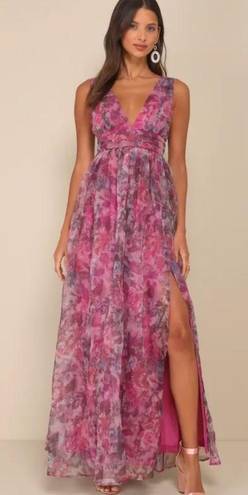 Lulus Lulu’s Garden Romance Magenta Floral Print Organza Maxi Dress Pink Purple XS