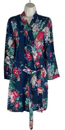 Johnny Was  Evelyn Silk Sleep Robe Floral Print Cozy Navy Blue Size XS