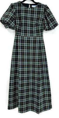 Hill House  Green Plaid Round Neckline Puff-sleeve Constance Long Dress XS