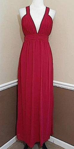 TFNC NEW Burgundy Pleated Deep V-Neck Cross Back Modcloth Maxi Dress Gown Medium