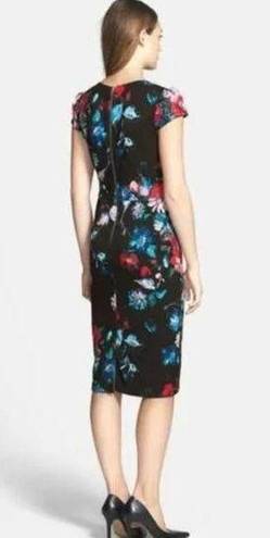 Betsey Johnson  Black Floral Knee Length, Cap Sleeve Slim Fitting Dress Size 8