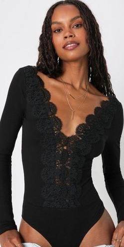 Lulus LULU'S Ravalli Black Lace Ribbed Long Sleeve Bodysuit - $35