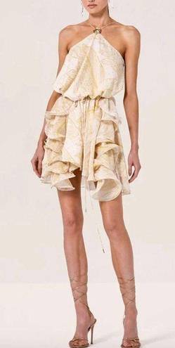 Alexis  Asia Ruffle Halter Medallion Mini Dress Golden Palms Womens Size Medium