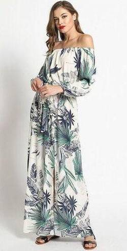 Sans Souci Boho Tropical Palm Print Off Shoulder Maxi Dress 3/4 Sleeve Tie Elastic Waist M