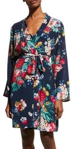 Johnny Was  Evelyn Silk Sleep Robe Floral Print Cozy Navy Blue Size XS