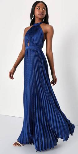 Lulus Navy Satin Pleated Halter Dress