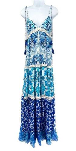 Rococo  Sand Oriental Labyrinth Printed Sleeveless Tassel Lace Tiered Maxi Dress