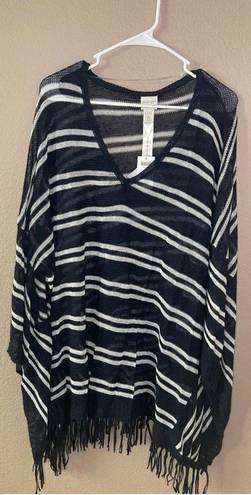 Chico's Zenergy Chico’s Rebekah Fringe Navy Striped Poncho Size Large XL - NWT