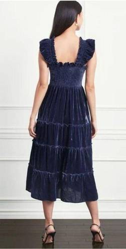 Hill House Size S The Ellie Nap Dress Navy Velvet Midi Tiered Smocked Bodice NEW