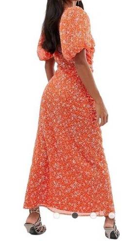 ASOS  Design Womens 10 Orange Ruched Maxi Dress Floral Embroidery Puff Sleeves