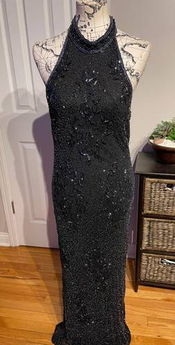 Scala Silk Sequins Vintage Embellished Halter Beaded Open Back