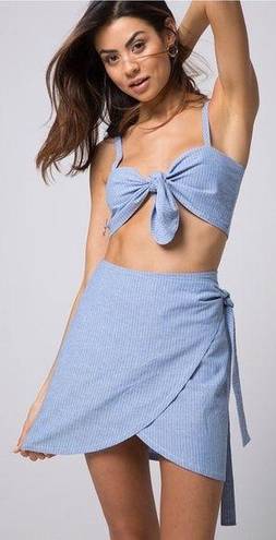 Motel Rocks  2 Piece Knot Crop Top + High Rise Wrap Mini Skirt Boho Retro Blue S