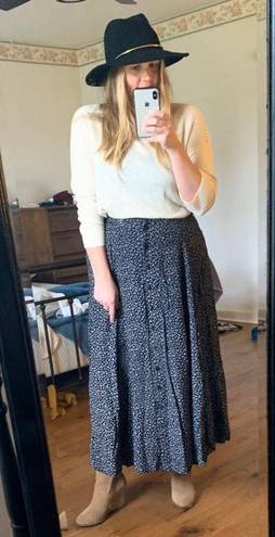 Vintage Blue Navy/Cream Front Button Midi Skirt