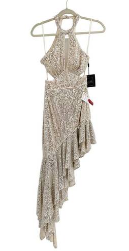 Mac Duggal  Ieena 11274 Sequined Silver Halter Cut Out Ruffle Dress 2 NWT