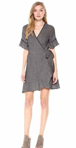 Moon River Heather Gray Blanket Stitch Linen Blend Ruffle Wrap Mini Dress