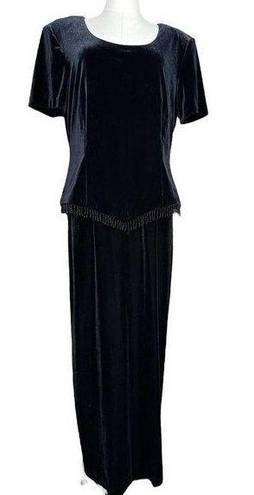 Dress Barn  Long Black Velvet Party Formal Cocktail Dress Beaded Fringe Stretch 14