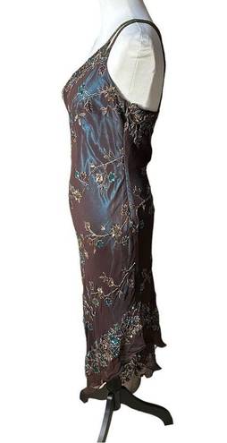 Scala Women's  Brown & Teal Blue Beaded Floral One-Shoulder Asymmetric Dress Sz L