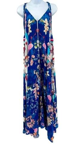 Rococo  Sand Floral Print 100% Silk Tassel Sleeveless Asymmetrical Maxi Dress XS