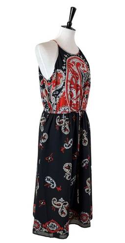 Loft Midi Dress Halter Neck Blouson Tie Waist Chiffon Black Red Women’s Large