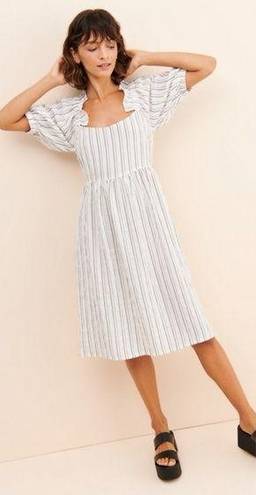 Free People  x Afternoon Striped Midi Dress Puff Sleeve Button Back Womens 4