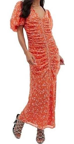 ASOS  Design Womens 10 Orange Ruched Maxi Dress Floral Embroidery Puff Sleeves