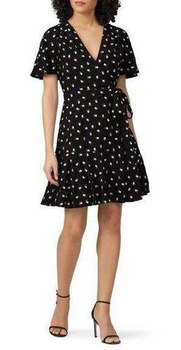 Jill Jill Stuart  Black Floral Print V-Neck Wrap Short Sleeve Mini Dress Size 14