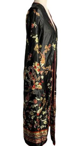 Honey Punch  Asian Print Robe Duster S Black Floral Long Sleeves Belt Loops