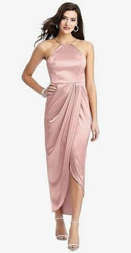 After Six  Women Size 12 Rose Pink Charmeuse Halter Midi Dress Drape Tulip Skirt