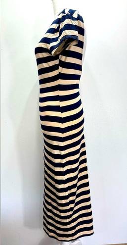 RD Style NEW  Navy & Beige Striped Open Back Cap Sleeve Fitted Maxi Dress Small