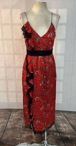 Cinq à Sept Cinq a sept Petra red silk bandanna black lace trim midi slip dress size 4