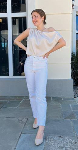 Boutique NWT Neutral Beige Satin Off The Shoulder Top 