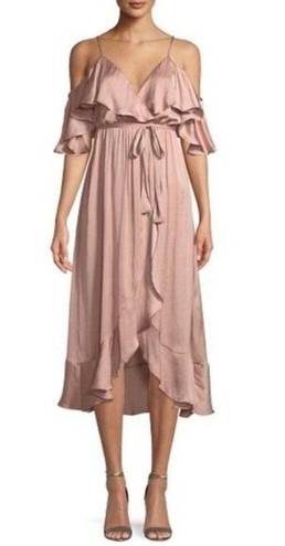 Bardot  Dress Womens 6 Bea Cold-Shoulder Ruffle Wrap Biscotti Dusty Pink Satin