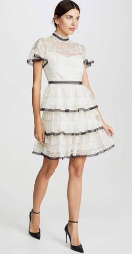 Shoshanna Stacia Lace Tiered Polka Dot Knee Length High Neck Black trim on neck/sleeve/bottom Hidden back zipper A flutter sleeve ballet lace fit-and-flare mini dress with ruffle detail below the waist ivory cream Kentucky Derby mock sheer layer