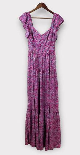 Sabina Musayev Truly Metallic Maxi Dress Pink Blue Floral Lace Up Back Size XS