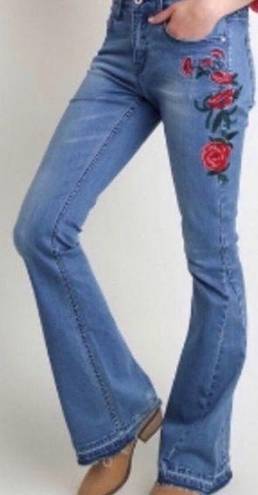 Umgee Floral Embroidered High Rise Raw Hem 5 Pocket Flare Jean 30