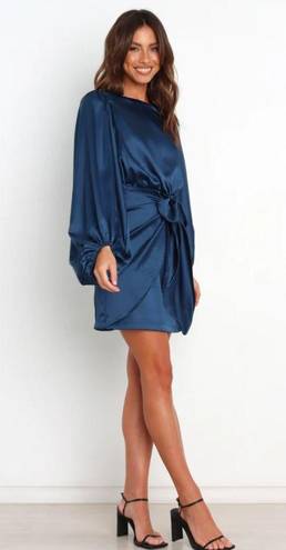 Petal and Pup  Opal Navy Blue Satin Long Balloon Sleeve Wrap Mini Dress 4