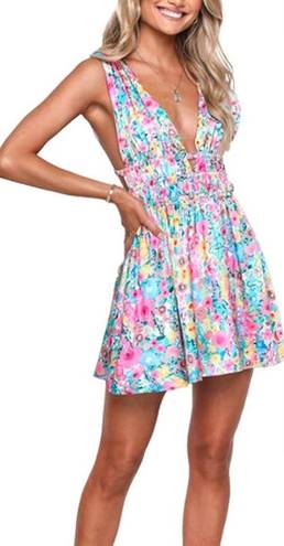 J'Adore Halter Deep V Mini Dress in Blue/Pink Watercolor Floral Size L