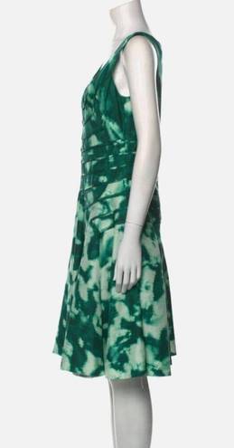 Oscar de la Renta  Silk White Green Abstract Fit Flare Dress SZ 8