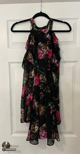 Umgee Black Pink Floral Cold Shoulder Dress