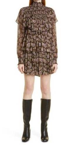 Cinq à Sept  Drew Leaf Print Long Sleeve Smocked Dress In Cacao Multi Size 10