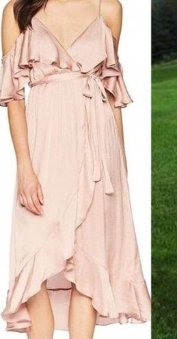 Bardot  Dress Womens 6 Bea Cold-Shoulder Ruffle Wrap Biscotti Dusty Pink Satin