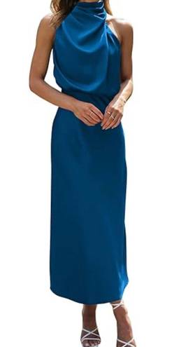 Dark Teal Silk High Neck MIDI Dress Blue