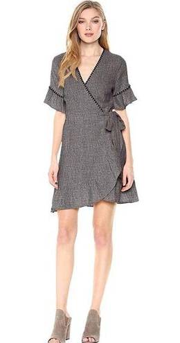 Moon River Heather Gray Blanket Stitch Linen Blend Ruffle Wrap Mini Dress