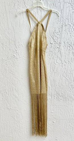 Luli Fama NWT  Dorada Cross Halter Fringe Cover-Up Dress Gold Rush Women's OS